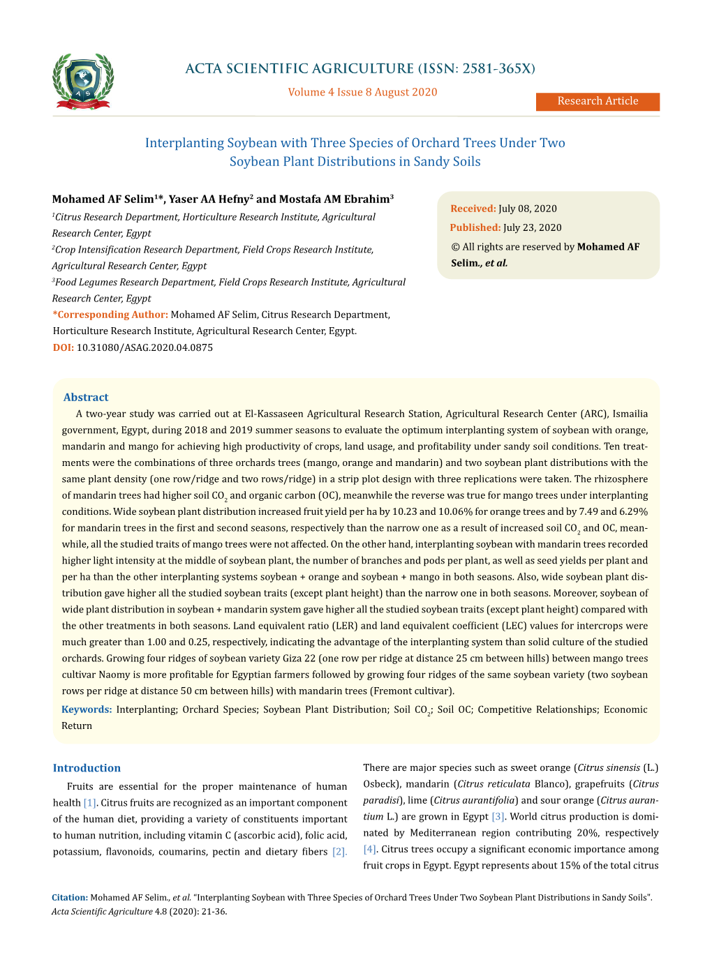 Interplanting Soybean with Three Species of Orchard Trees Under Two Soybean Plant Distributions in Sandy Soils