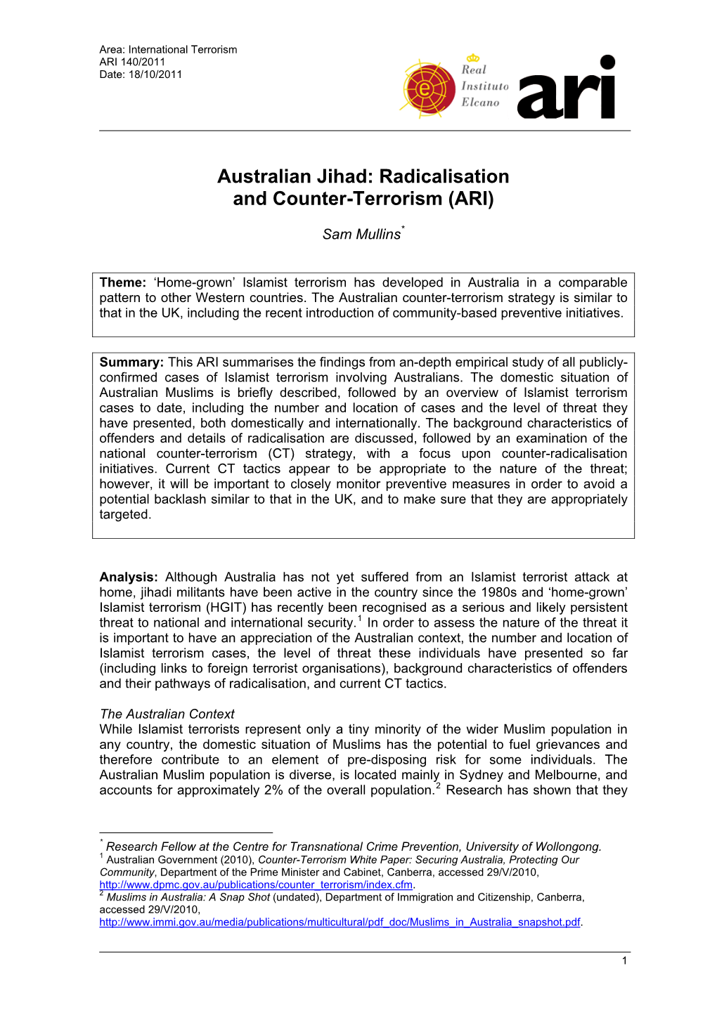 Australian Jihad: Radicalisation and Counter-Terrorism (ARI)