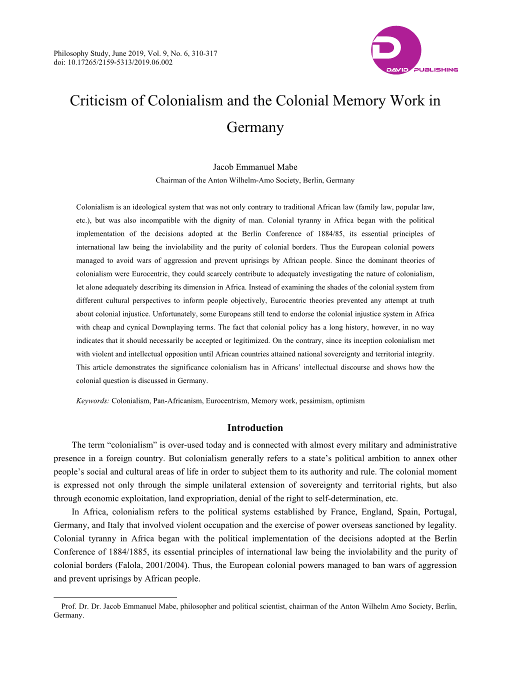 Criticism of Colonialism and the Colonial Memory Work in Germany