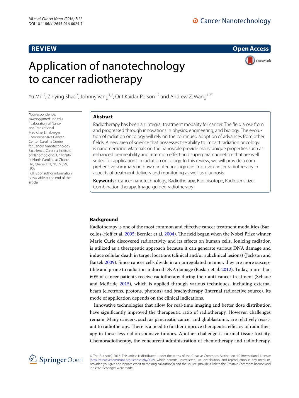 Application of Nanotechnology to Cancer Radiotherapy