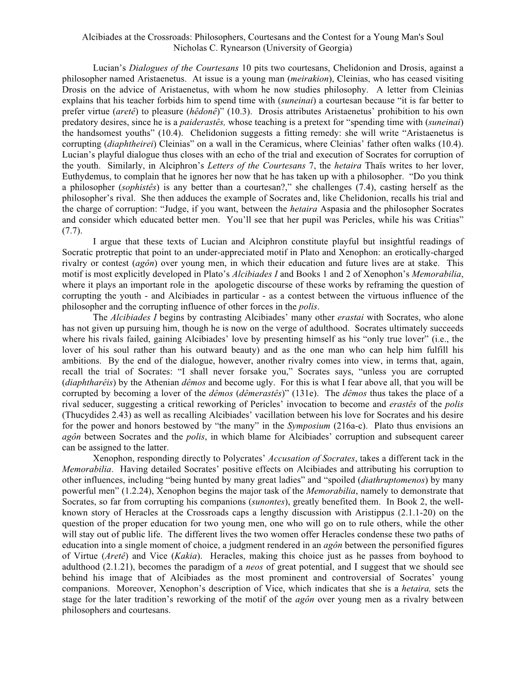 Alcibiades at the Crossroads: Philosophers, Courtesans and the Contest for a Young Man's Soul Nicholas C