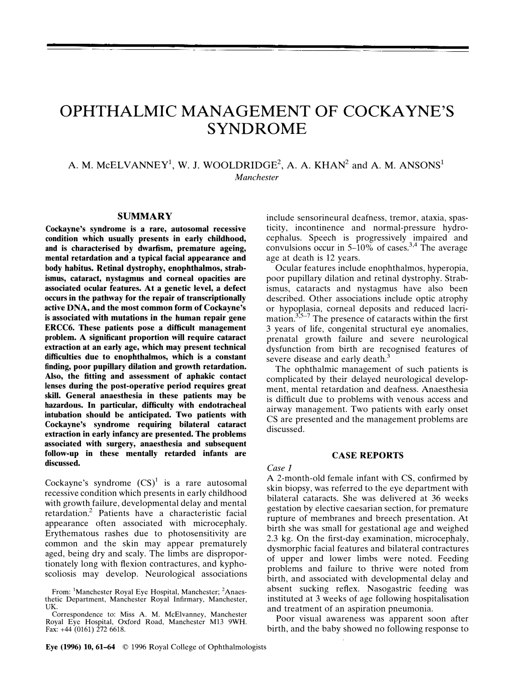 Ophthalmic Management of Cocka Yne's Syndrome