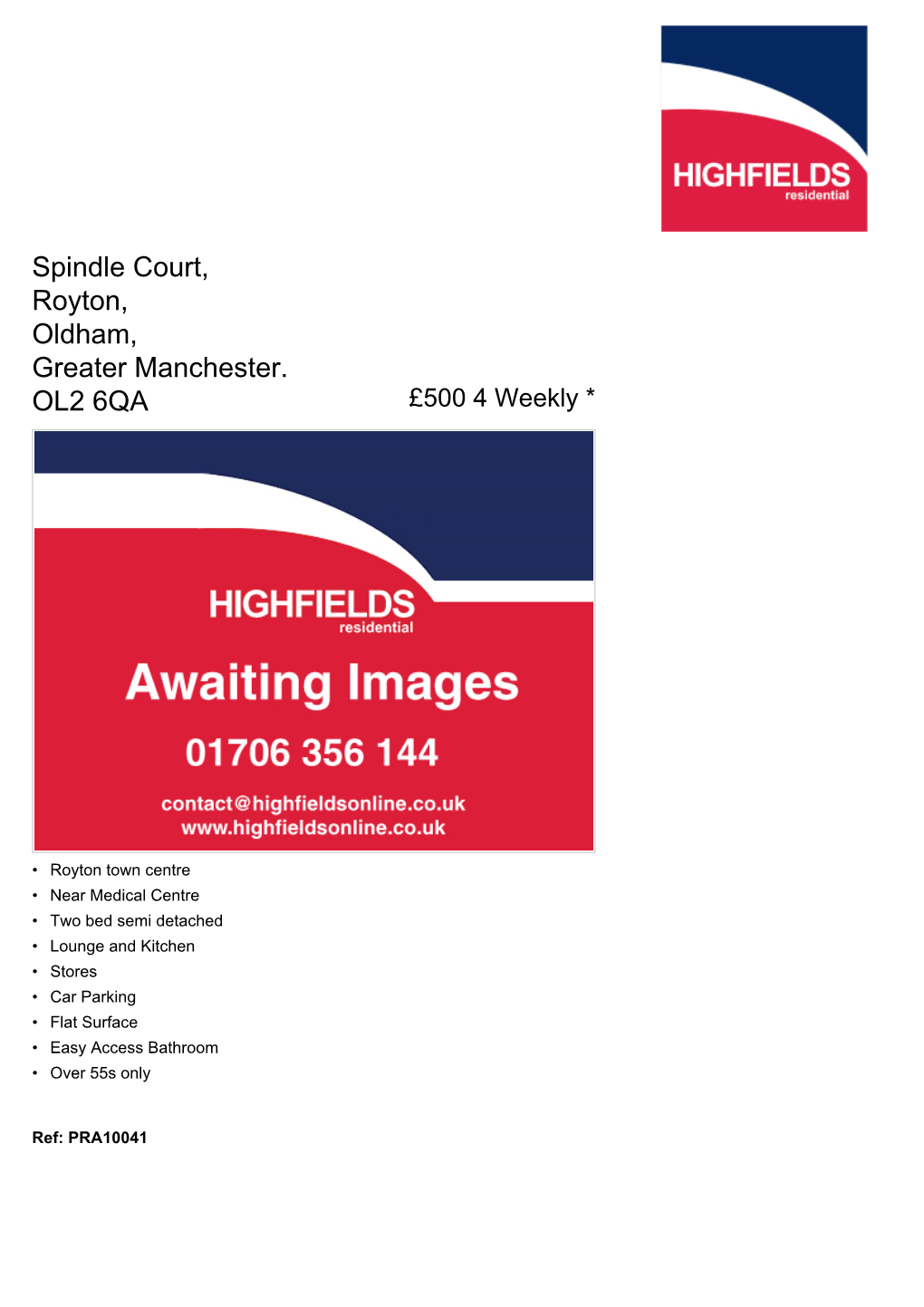 Spindle Court, Royton, Oldham, Greater Manchester. OL2 6QA £500 4 Weekly *