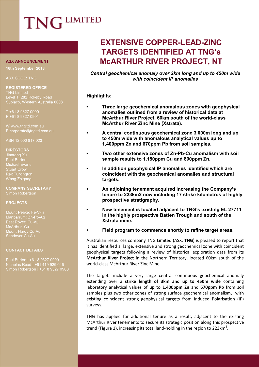 EXTENSIVE COPPER-LEAD-ZINC TARGETS IDENTIFIED at TNG's