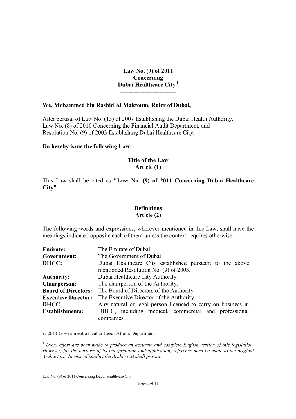 Law No. (9) of 2011 Concerning Dubai Healthcare City 1 ـــــــــــــــــــــــــــــــــــــــــــــــ