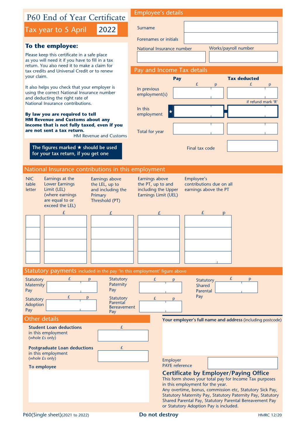 P60 End of Year Certificate Tax Year to 5 April 2022 Surname Forenames Or Initials