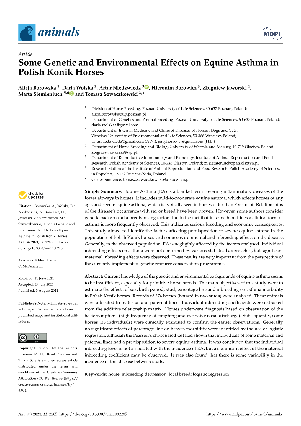Some Genetic and Environmental Effects on Equine Asthma in Polish Konik Horses