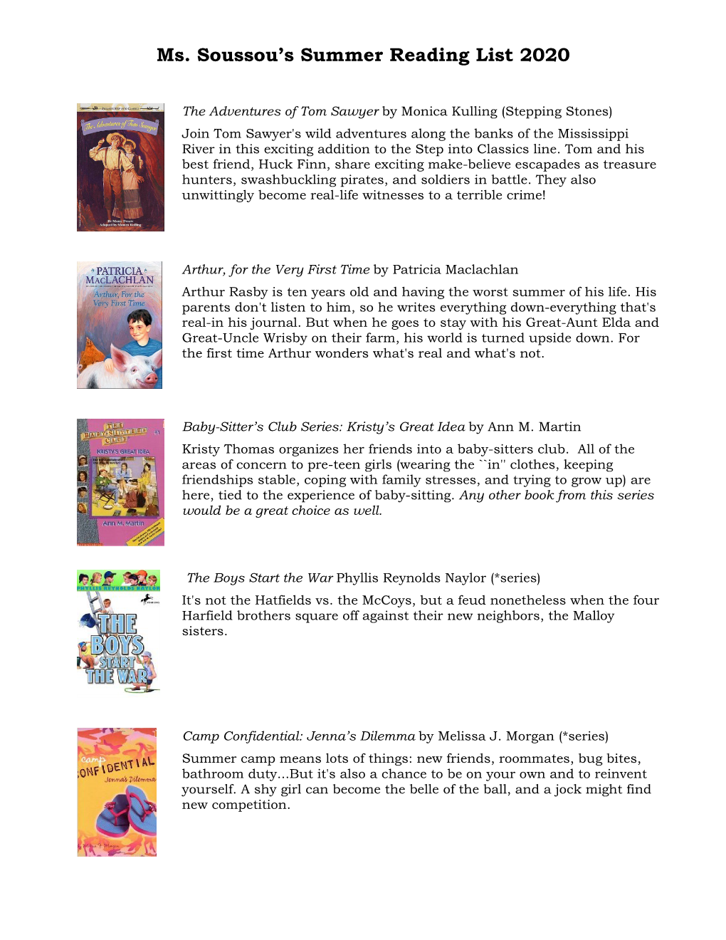 Ms. Soussou's Summer Reading List 2020