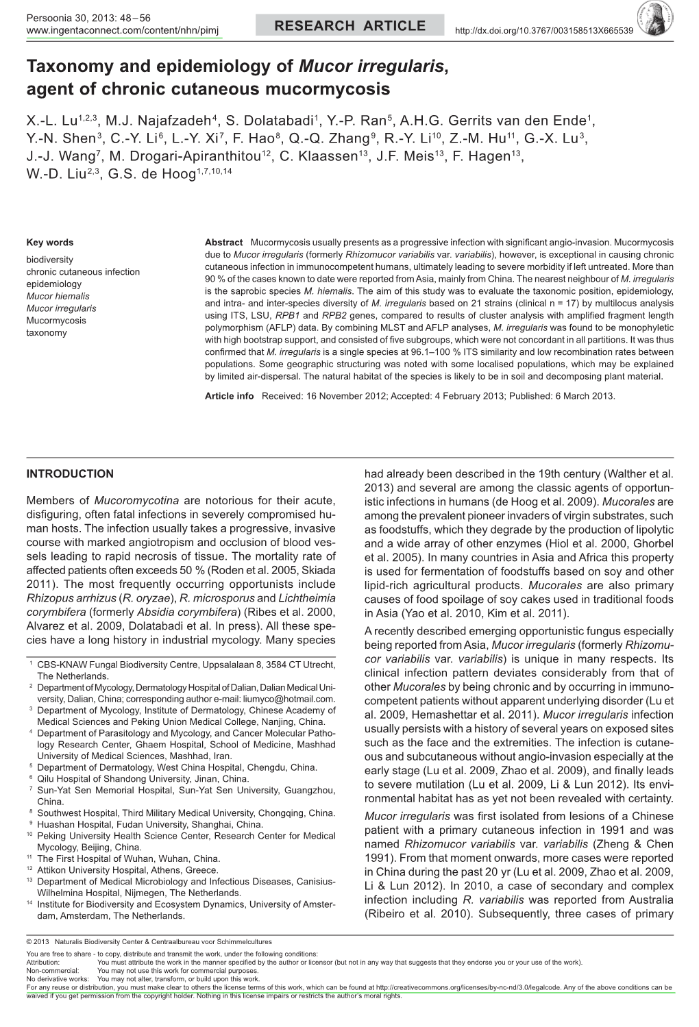 <I>Mucor Irregularis</I> , Agent of Chronic Cutaneous Mucormycosis