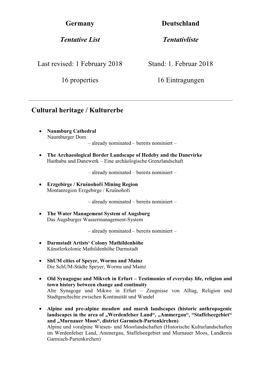 Germany Tentative List Last Revised: 1 February 2018 16 Properties Deutschland Tentativliste Stand