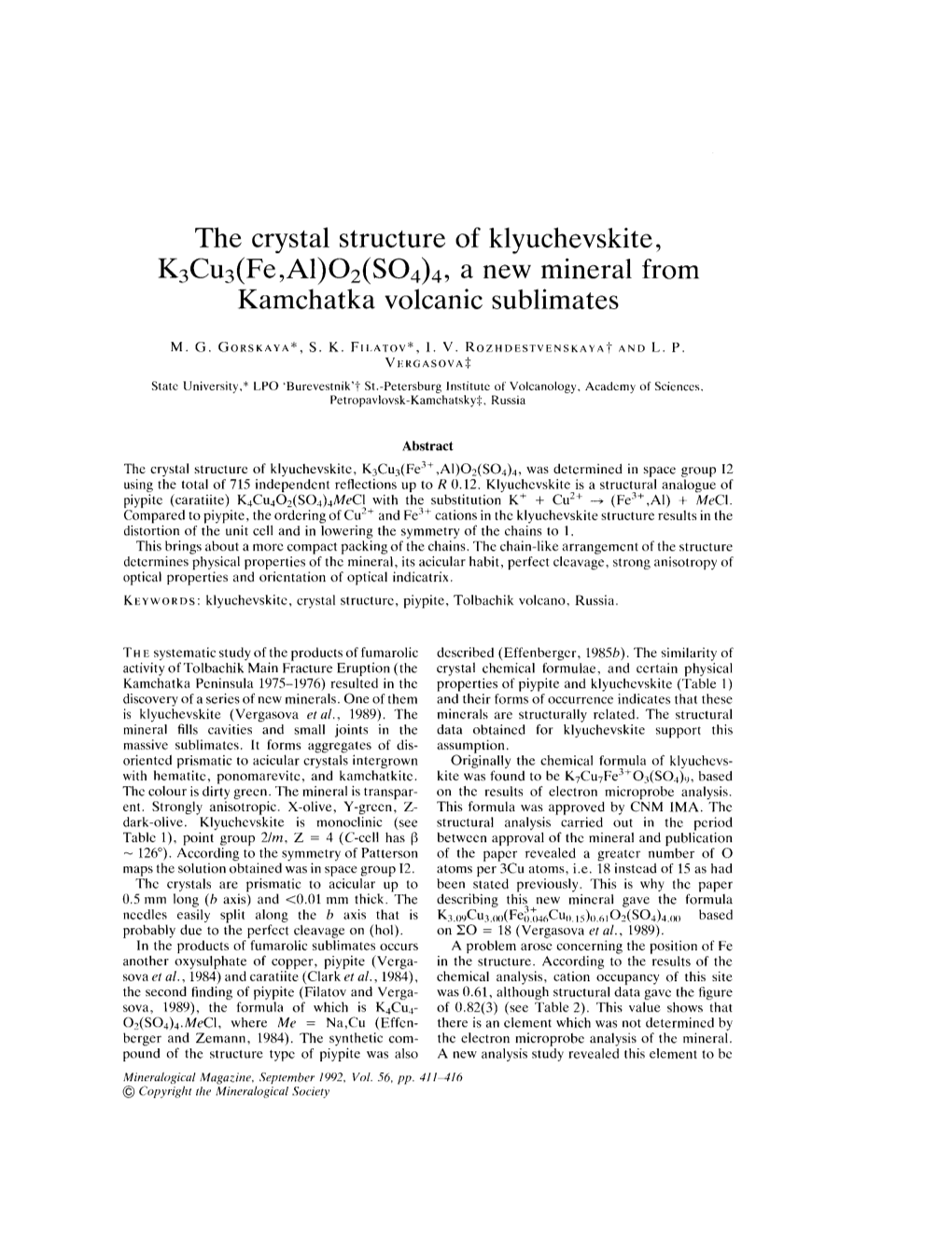 The Crystal Structure of Klyuchevskite, K3cu3(Fe,AI)02(S04)4' a New Mineral from Kamchatka Volcanic Sublimates