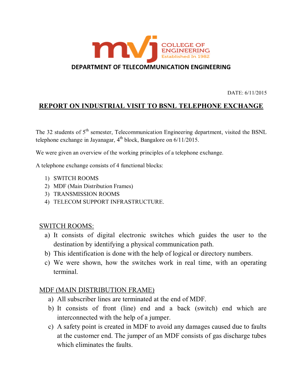 Report on Industrial Visit to Bsnl Telephone Exchange