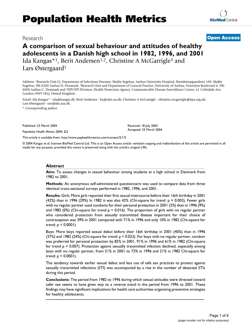 A Comparison of Sexual Behaviour and Attitudes of Healthy Adolescents In