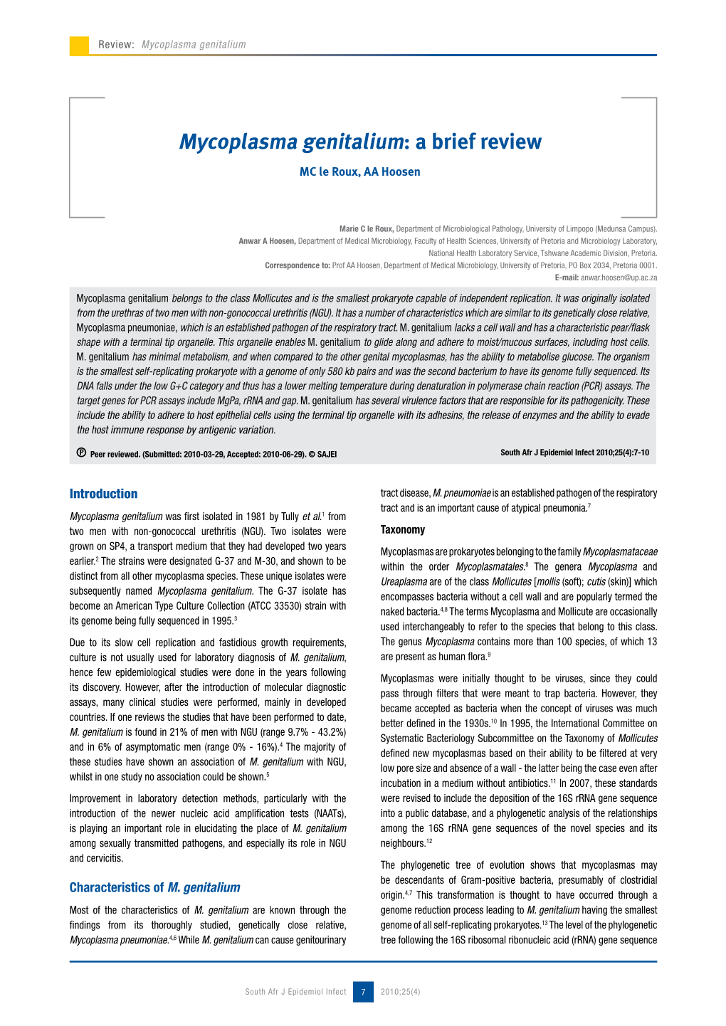 Mycoplasma Genitalium: a Brief Review