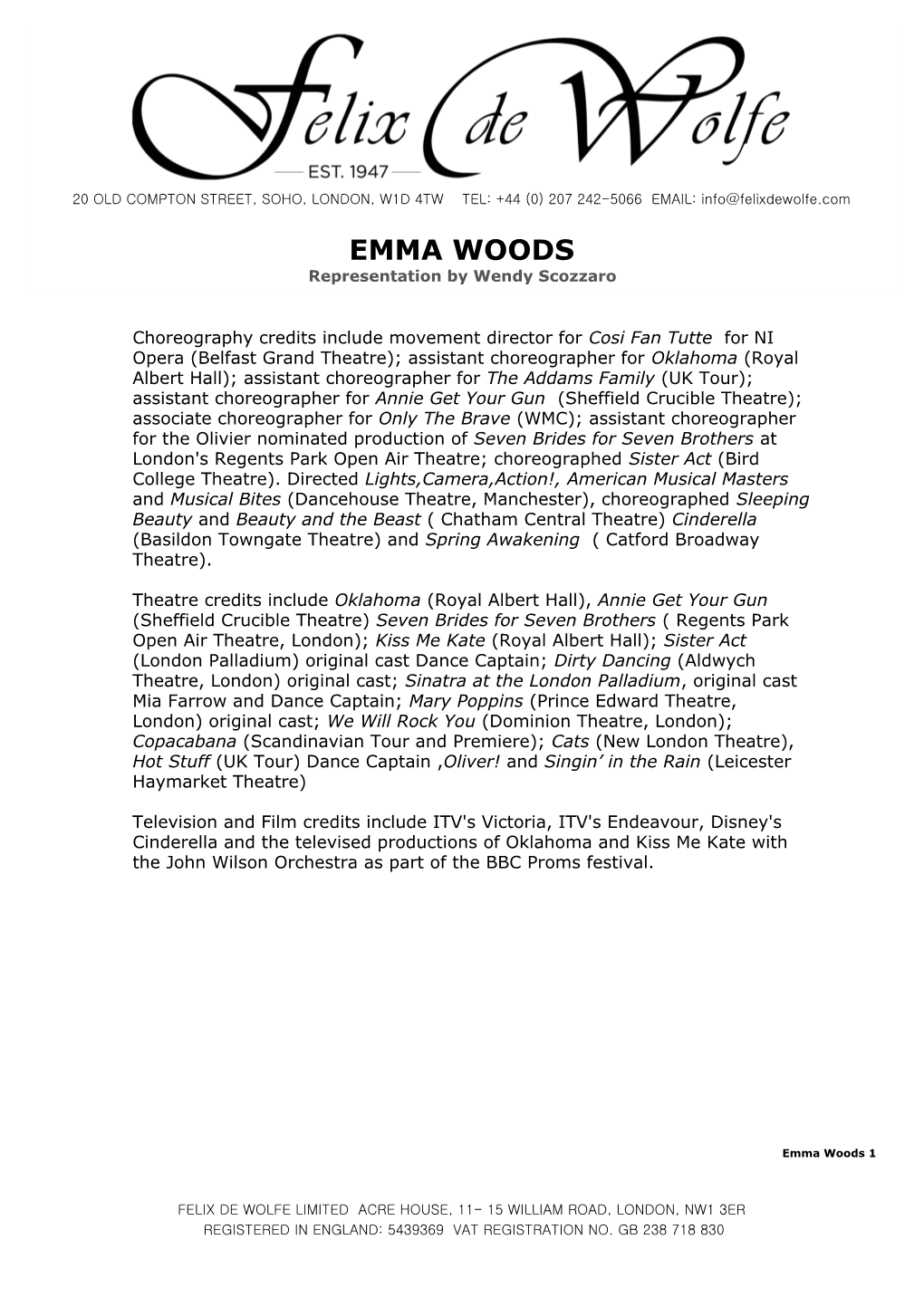 EMMA WOODS Representation by Wendy Scozzaro