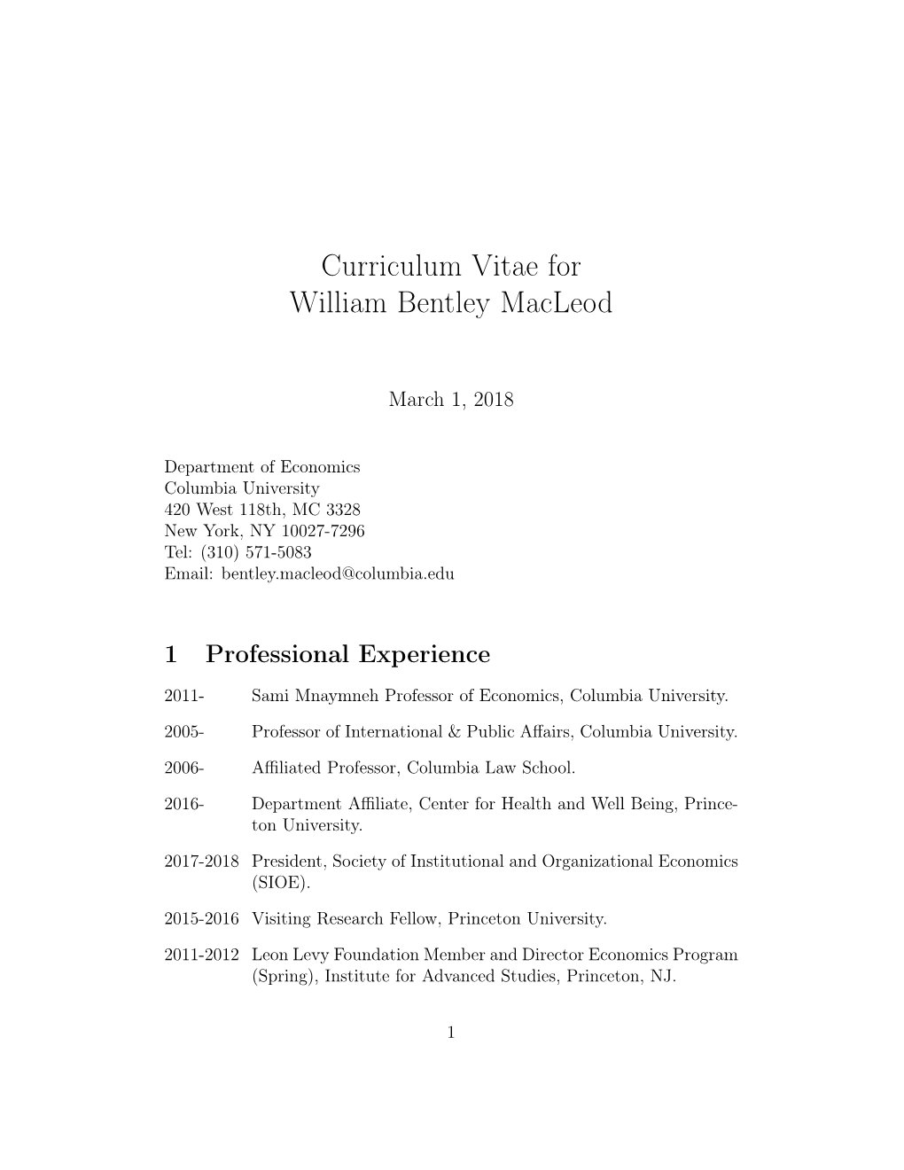 Curriculum Vitae for William Bentley Macleod