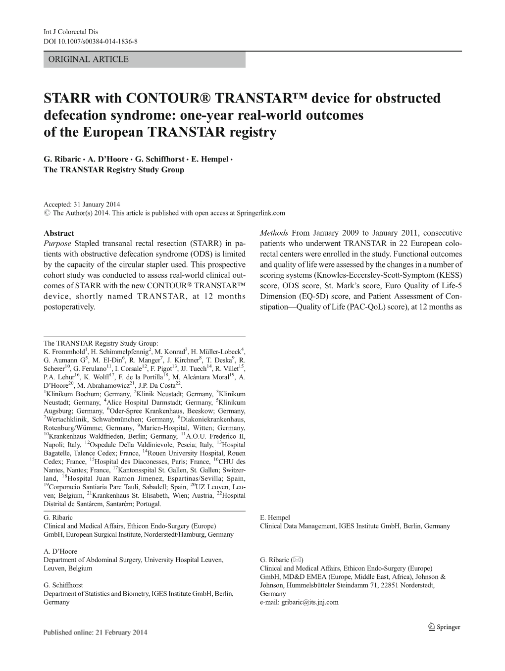 STARR with CONTOUR® TRANSTAR™ Device for Obstructed Defecation Syndrome: One-Year Real-World Outcomes of the European TRANSTAR Registry