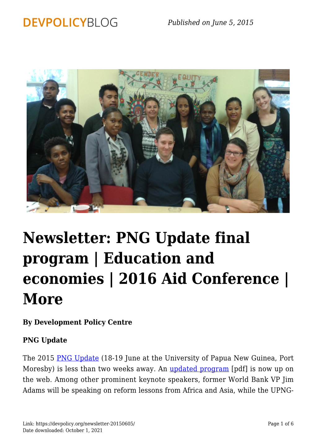 Newsletter: PNG Update Final Program | Education and Economies | 2016 Aid Conference | More