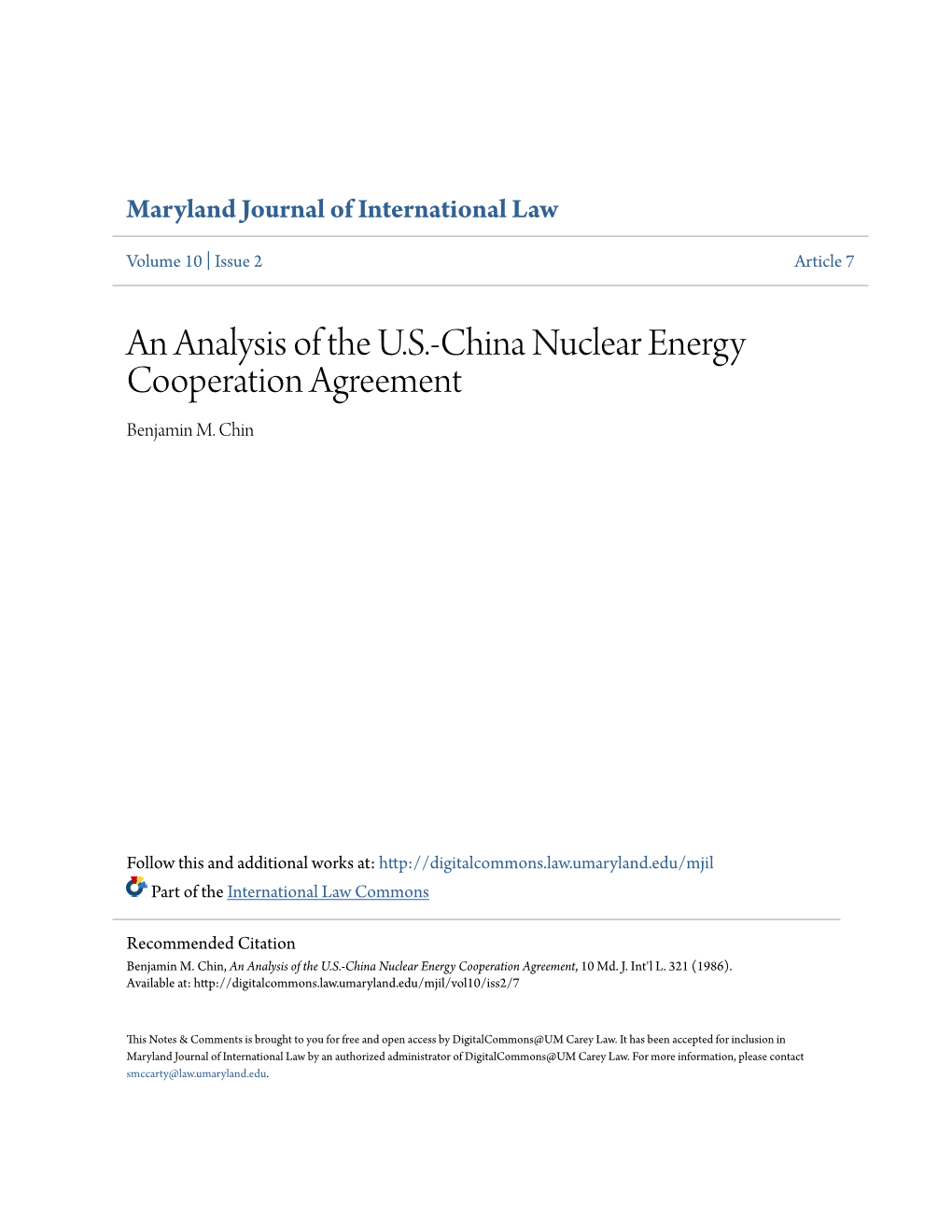 An Analysis of the U.S.-China Nuclear Energy Cooperation Agreement Benjamin M