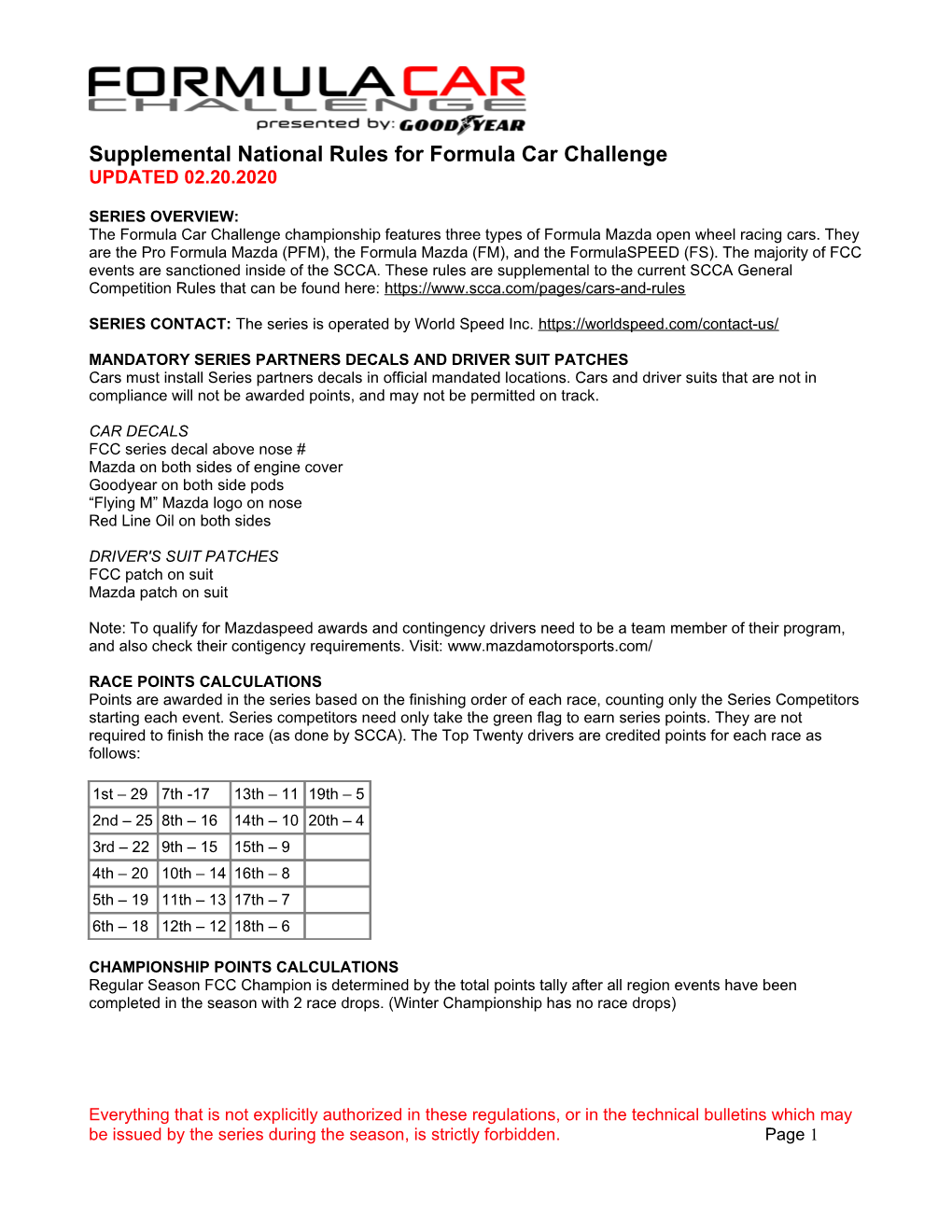 Supplemental National Rules for Formula Car Challenge UPDATED 02.20.2020