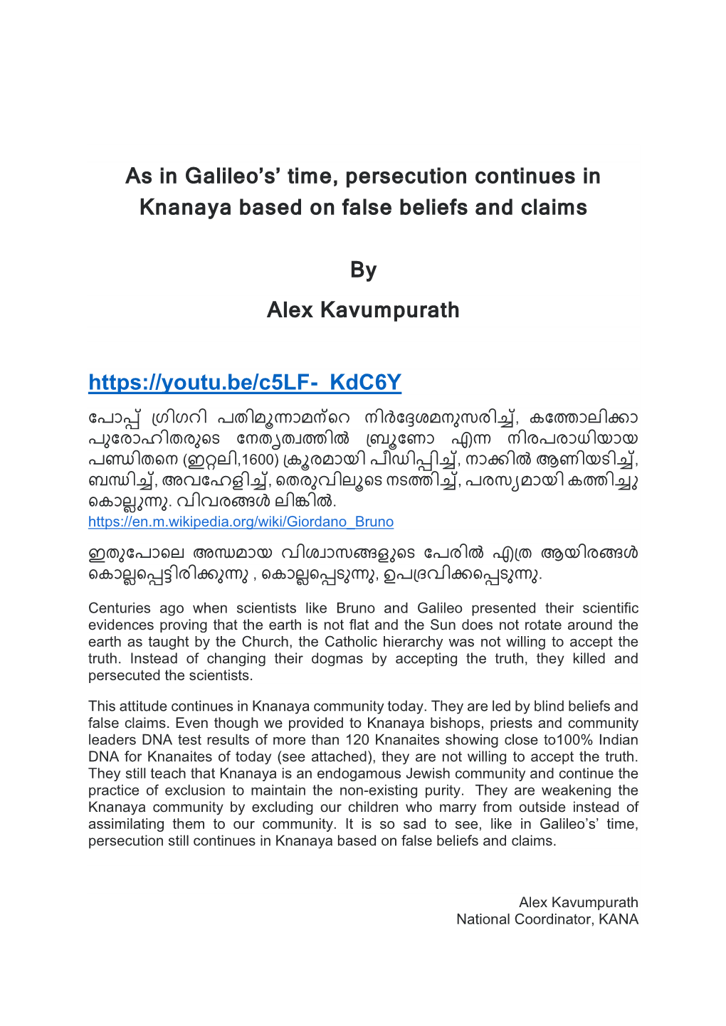 As in Galileo's' Time, Persecution Continues in Knanaya Based On