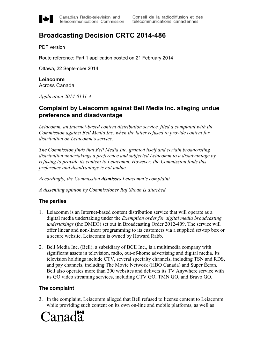 Complaint by Leiacomm Against Bell Media Inc. Alleging Undue Preference and Disadvantage