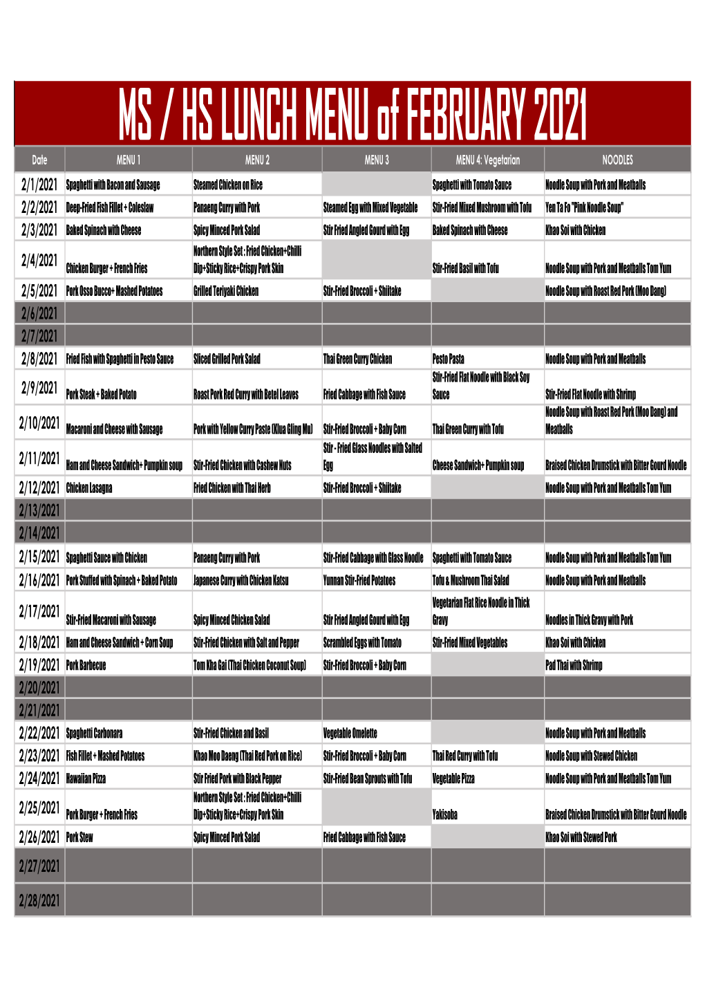 MS / HS LUNCH MENU of FEBRUARY 2021