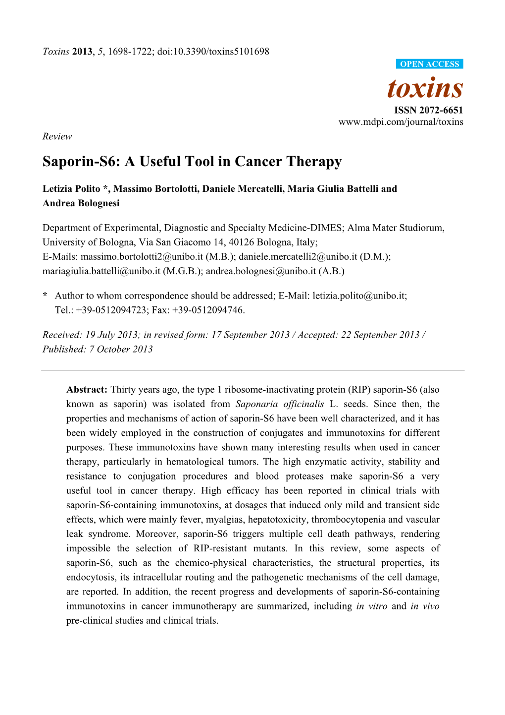 Saporin-S6: a Useful Tool in Cancer Therapy