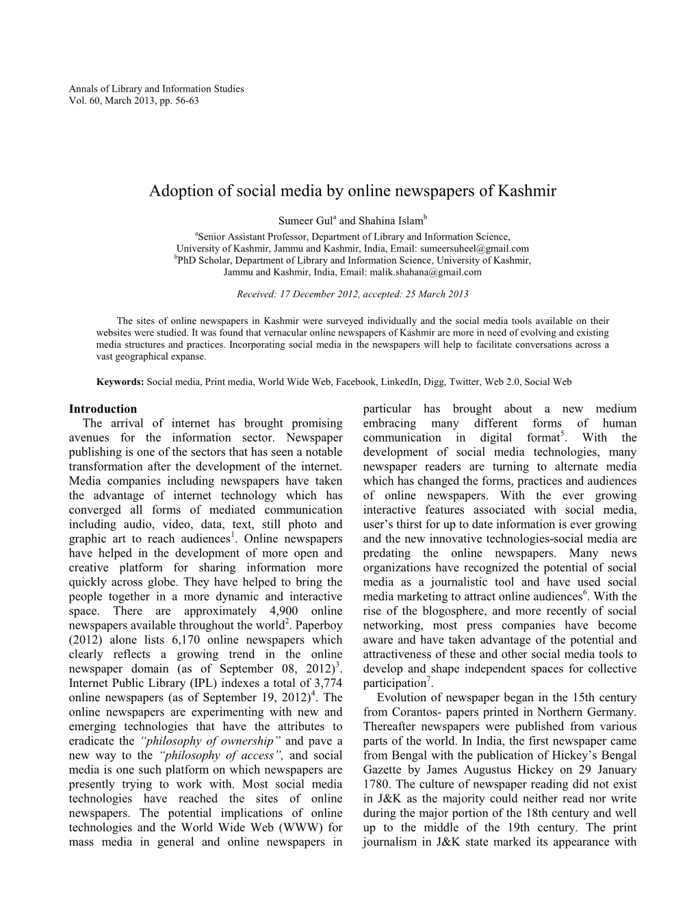 Adoption of Social Media by Online Newspapers of Kashmir