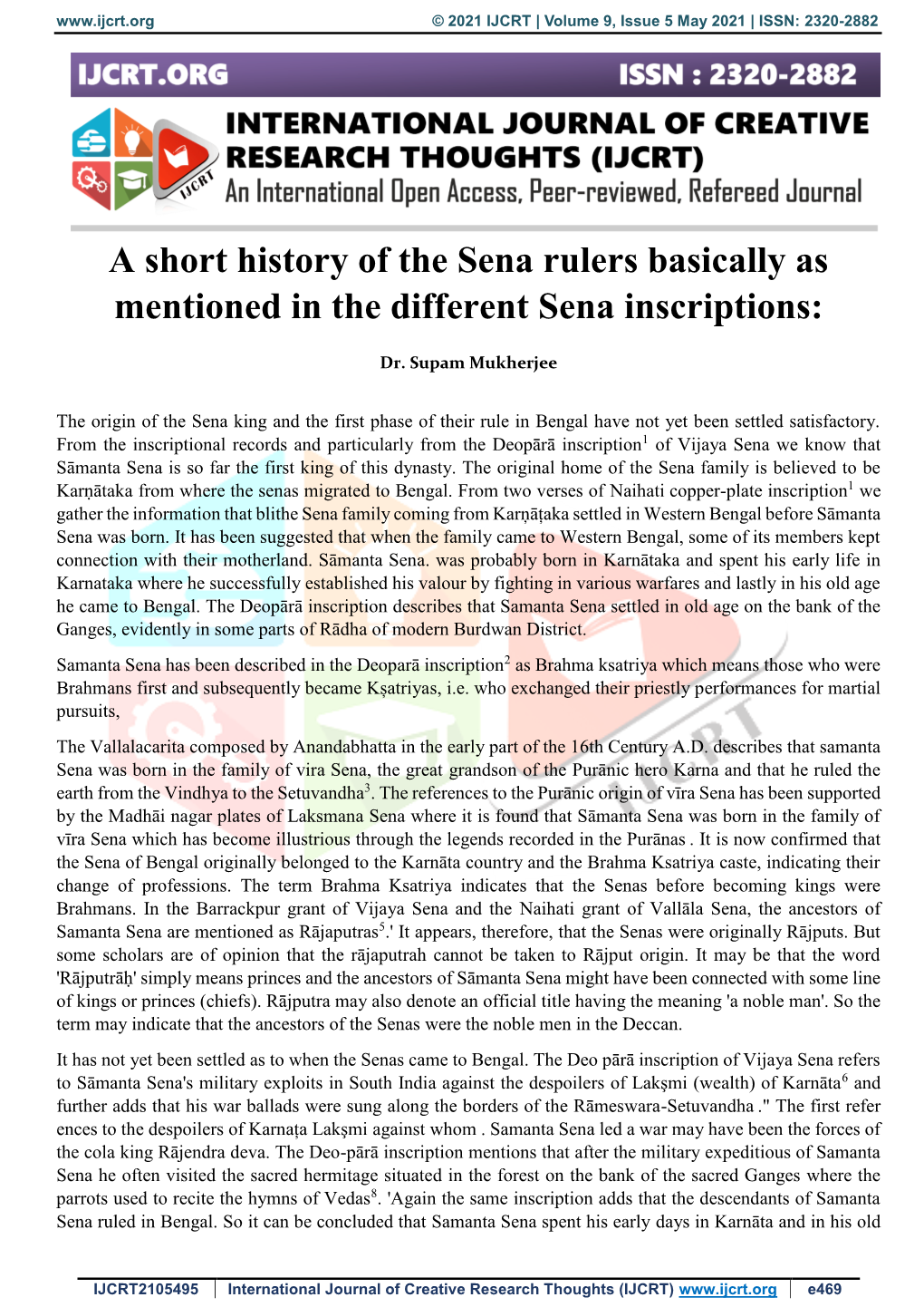 A Short History of the Sena Rulers Basically As Mentioned in the Different Sena Inscriptions