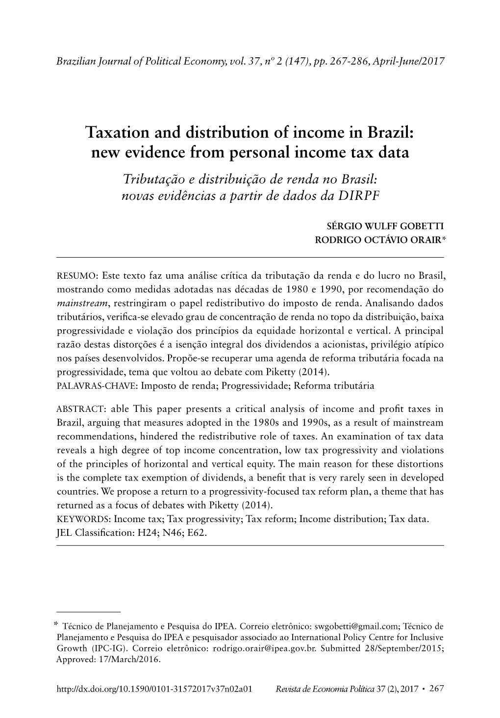 Taxation and Distribution of Income in Brazil: New Evidence from Personal