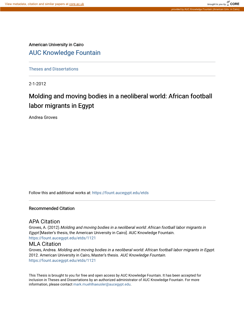 Molding and Moving Bodies in a Neoliberal World: African Football Labor Migrants in Egypt