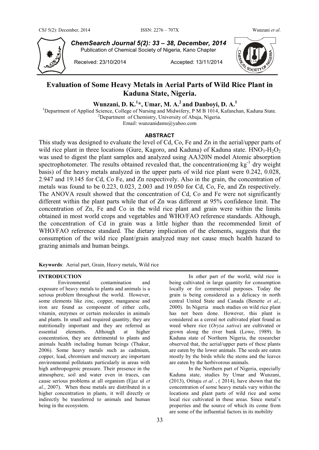 Evaluation of Some Heavy Metals in Aerial Parts of Wild Rice Plant in Kaduna State, Nigeria