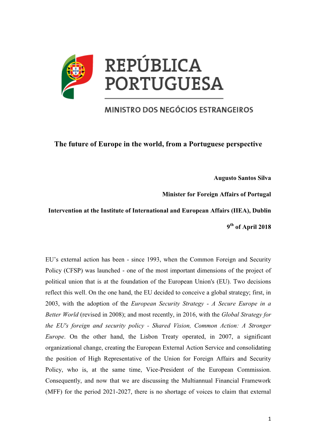 The Future of Europe in the World, from a Portuguese Perspective