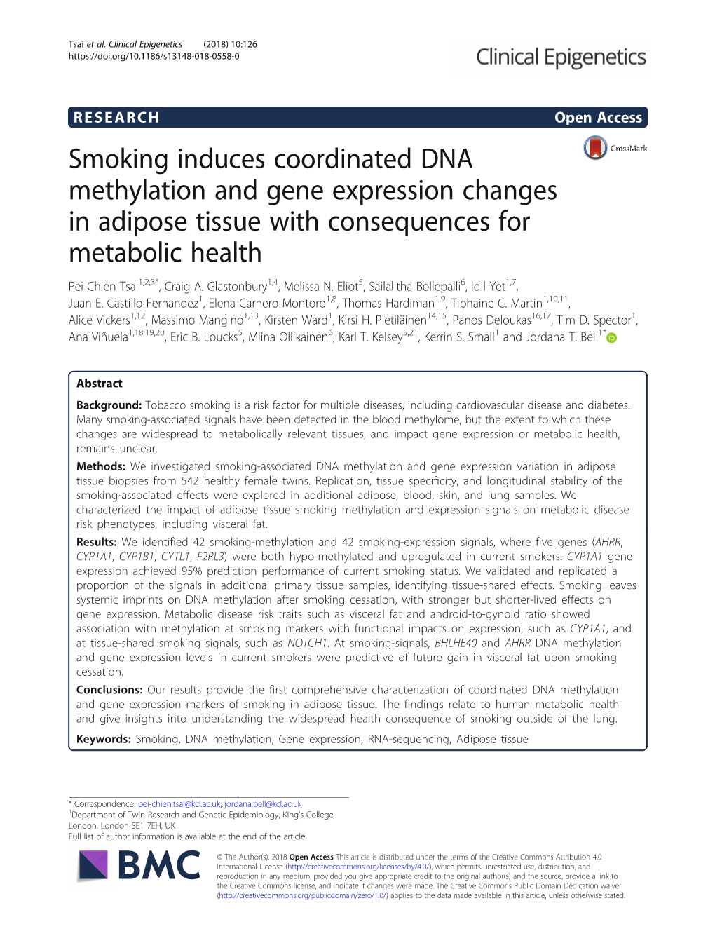 Smoking Induces Coordinated DNA Methylation and Gene Expression Changes in Adipose Tissue with Consequences for Metabolic Health Pei-Chien Tsai1,2,3*, Craig A