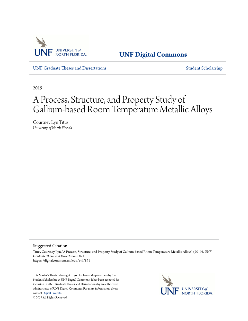 A Process, Structure, and Property Study of Gallium-Based Room Temperature Metallic Alloys Courtney Lyn Titus University of North Florida