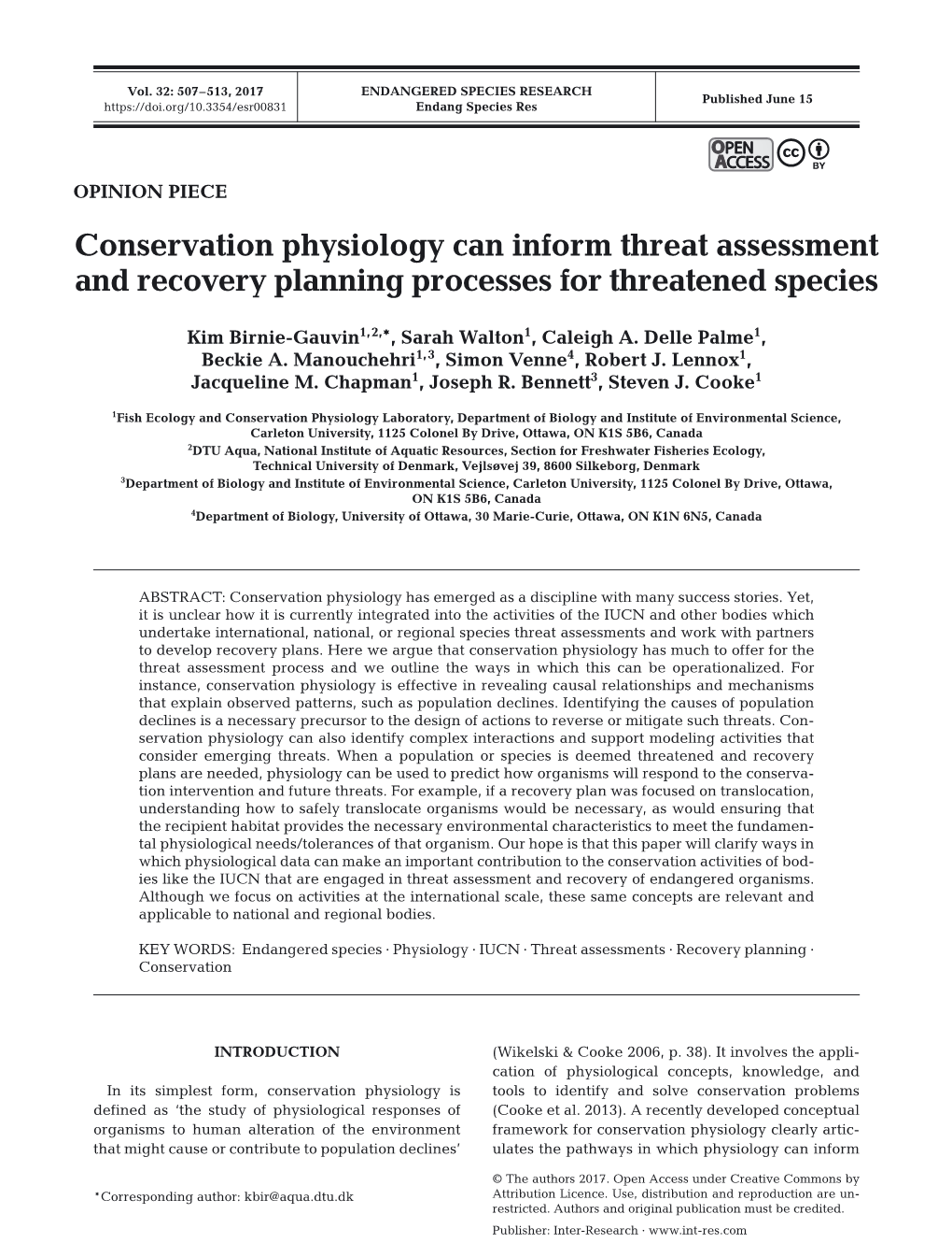 Conservation Physiology Can Inform Threat Assessment and Recovery Planning Processes for Threatened Species