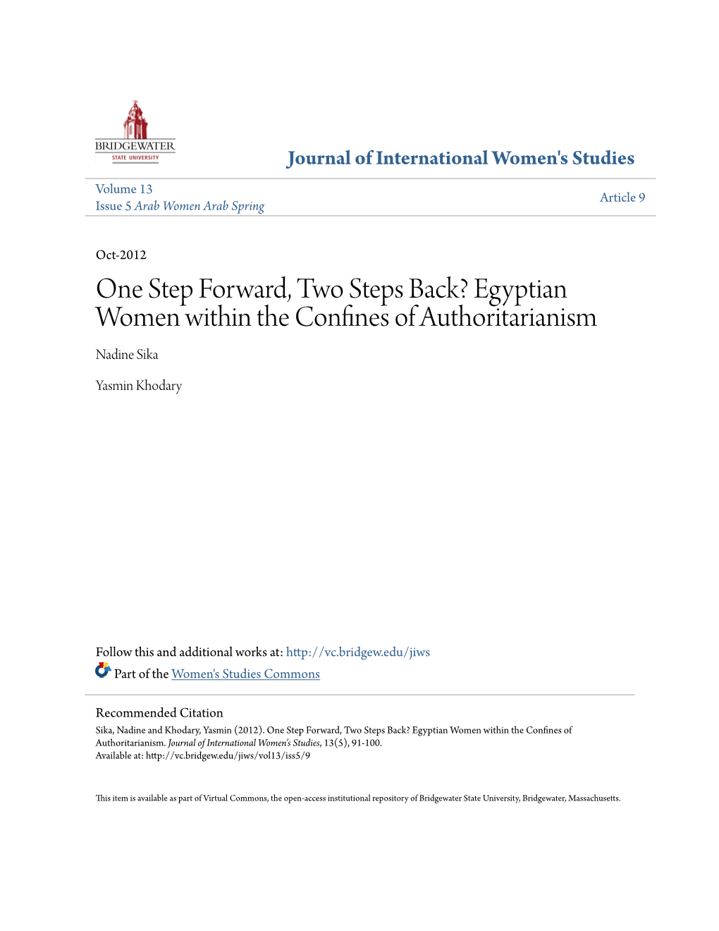 One Step Forward, Two Steps Back? Egyptian Women Within the Confines of Authoritarianism Nadine Sika