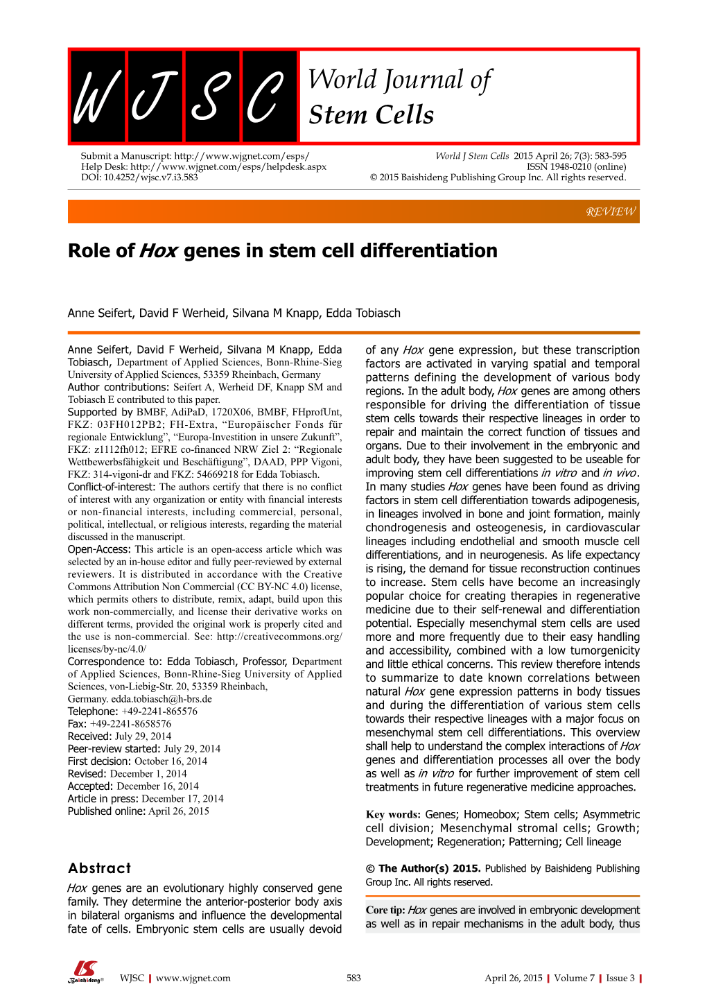 Role of Hox Genes in Stem Cell Differentiation