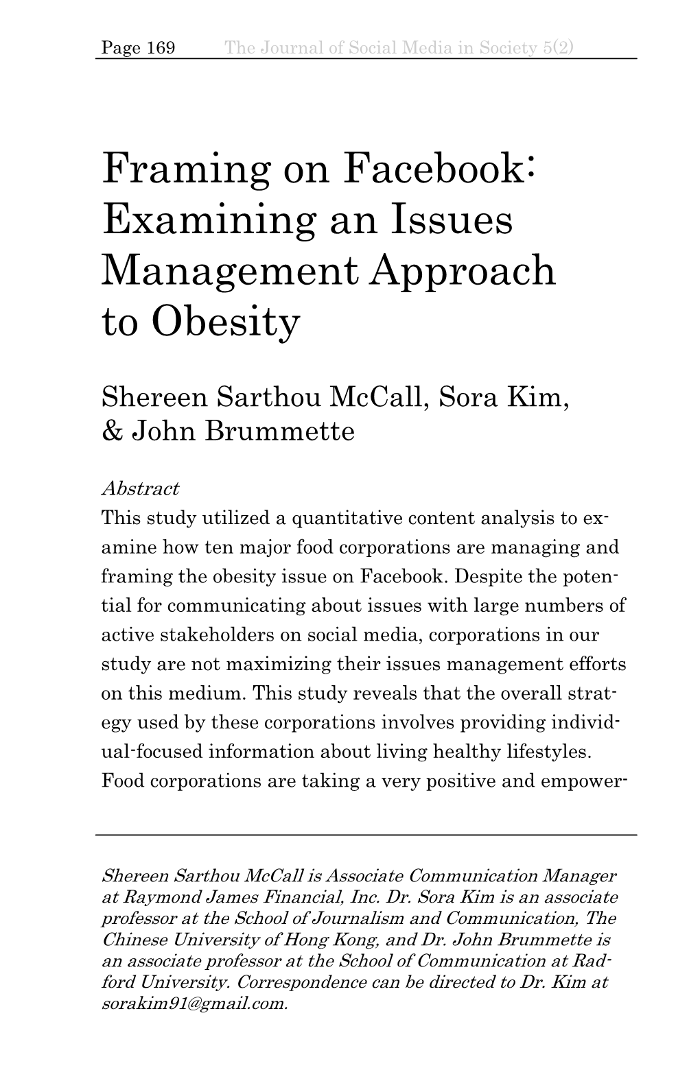 Framing on Facebook: Examining an Issues Management Approach to Obesity