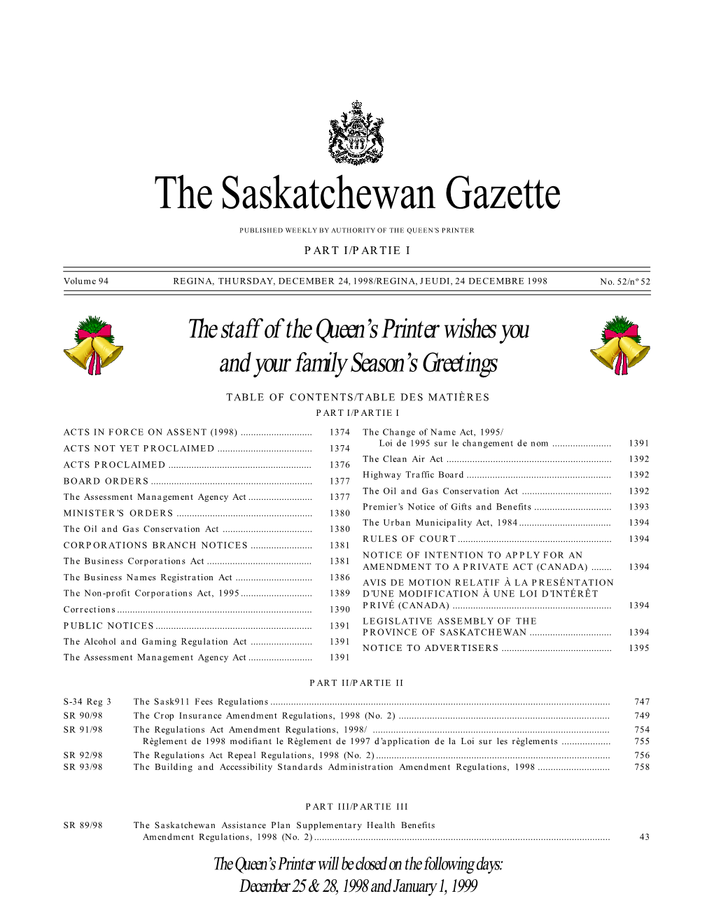 Sask Gazette Part I, Dec 24, 1998