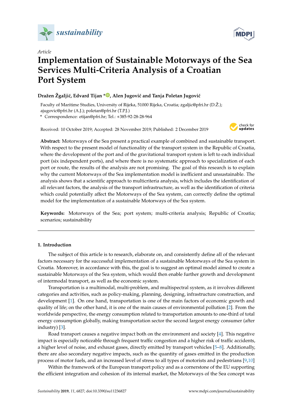 Implementation of Sustainable Motorways of the Sea Services Multi-Criteria Analysis of a Croatian Port System