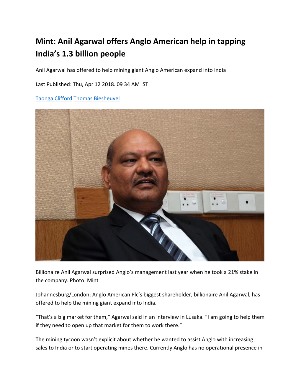 Mint: Anil Agarwal Offers Anglo American Help in Tapping India’S 1.3 Billion People