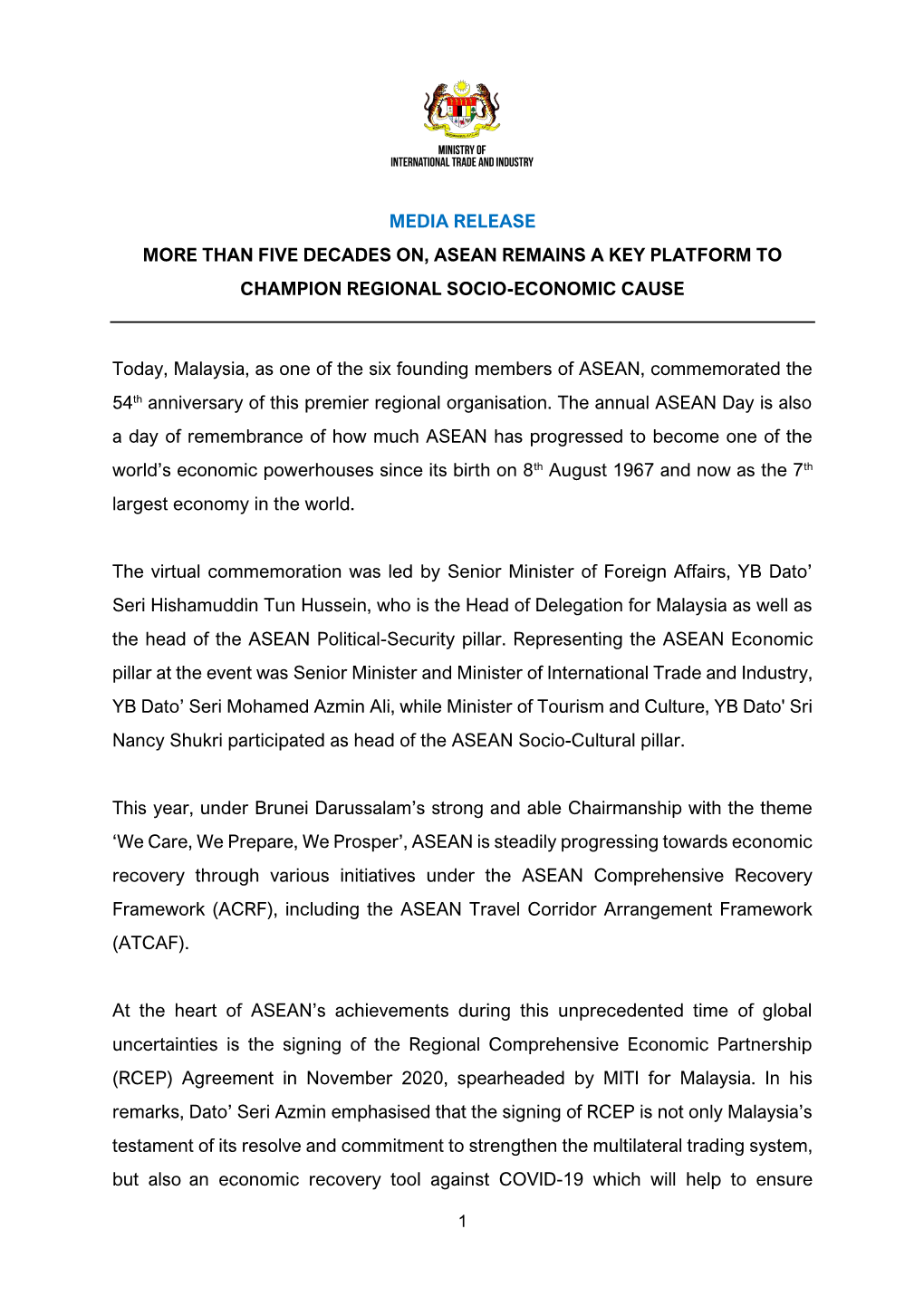 Media Release More Than Five Decades On, Asean Remains a Key Platform to Champion Regional Socio-Economic Cause