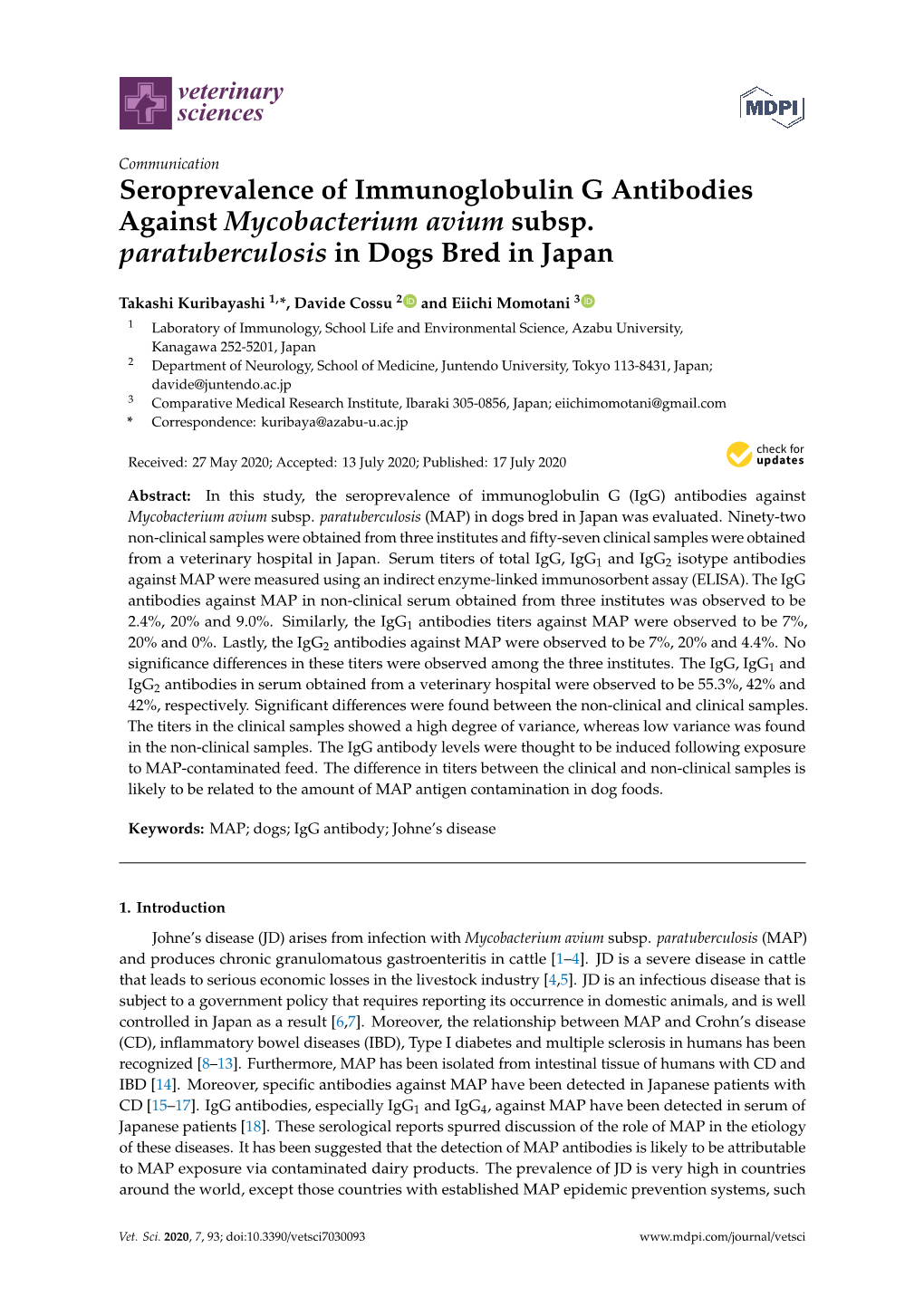 Seroprevalence of Immunoglobulin G Antibodies Against Mycobacterium Avium Subsp