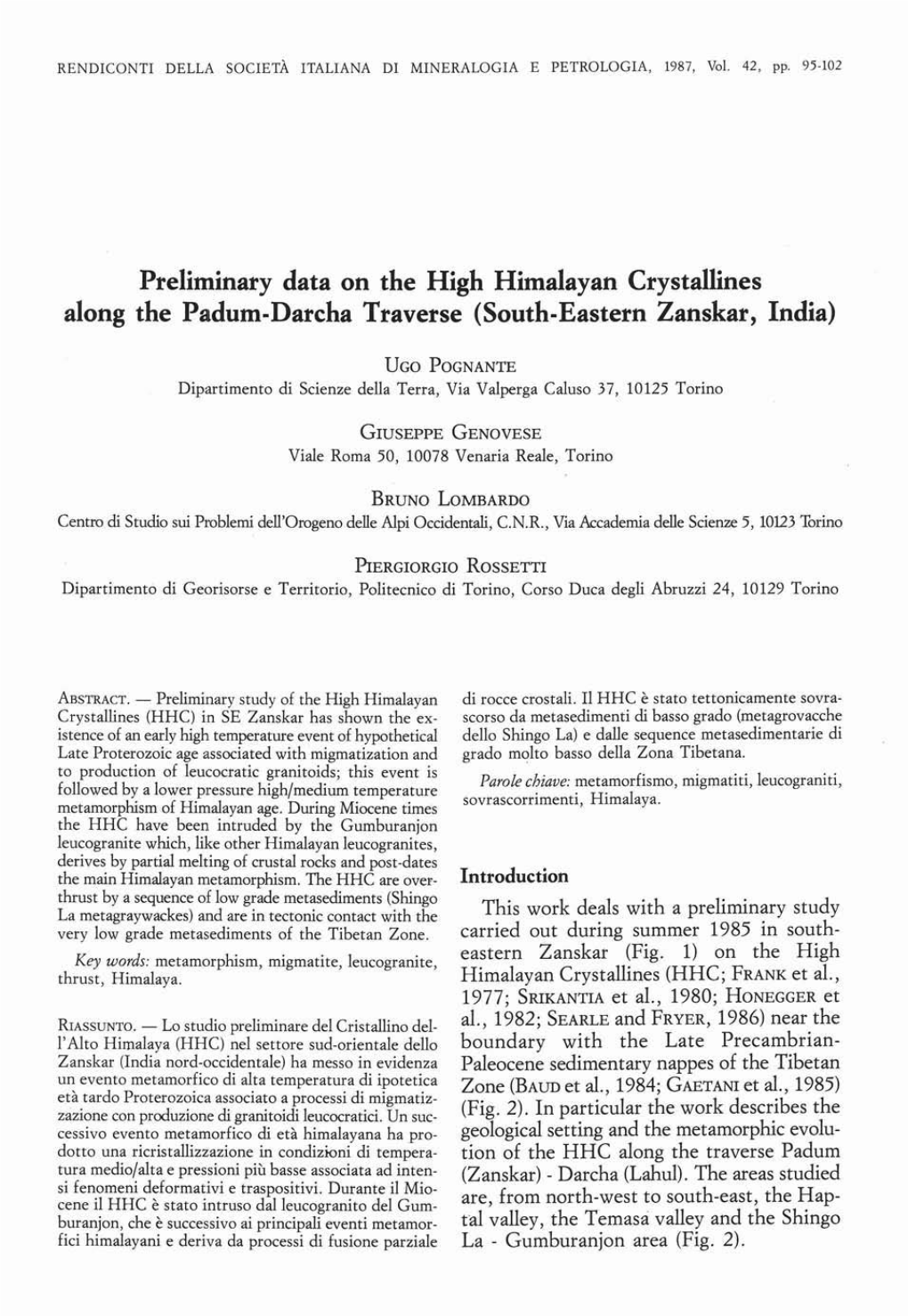 Preliminary Data on the High Himalayan Crystallines Along the Padum-Darcha Traverse (South-Eastern Zanskar, India)