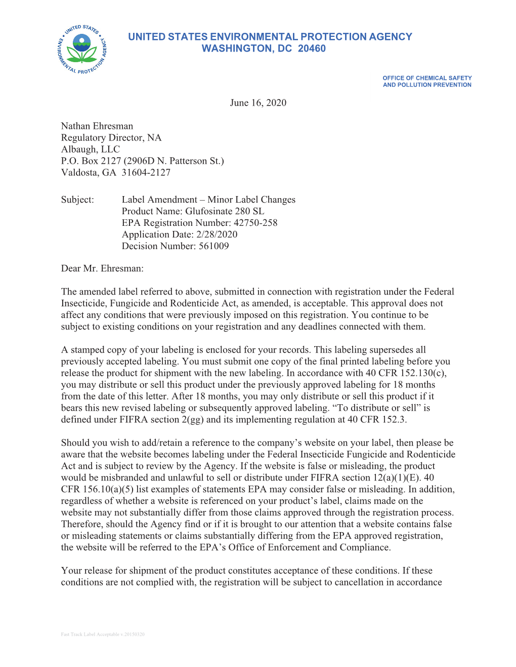 US EPA, Pesticide Product Label, GLUFOSINATE 280 SL,06/16/2020