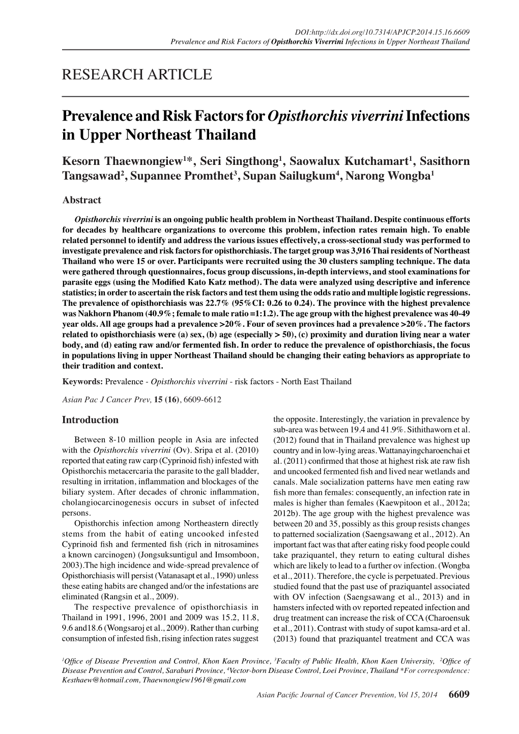 RESEARCH ARTICLE Prevalence and Risk Factors for Opisthorchis