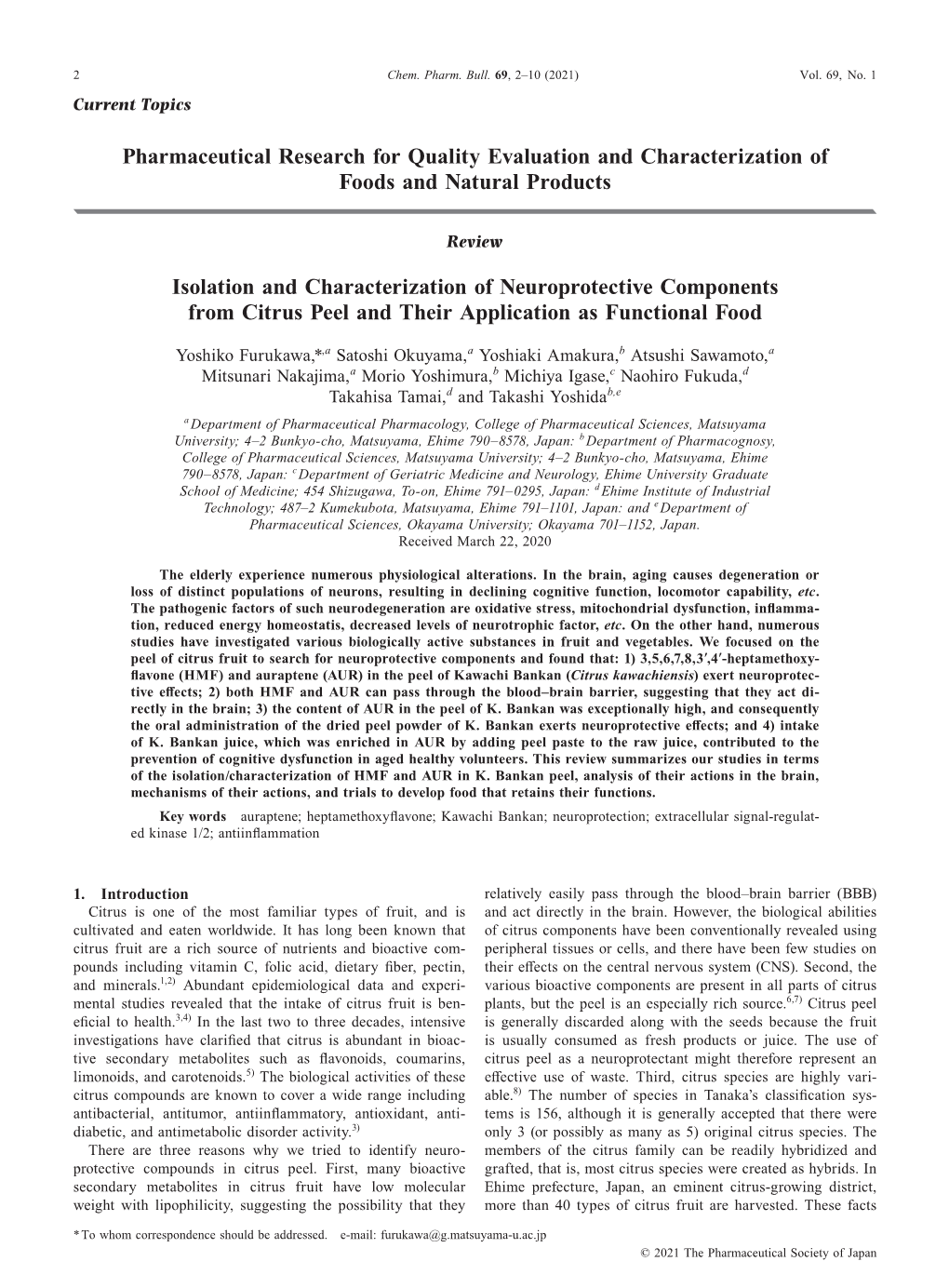 Isolation and Characterization of Neuroprotective Components from Citrus Peel and Their Application As Functional Food