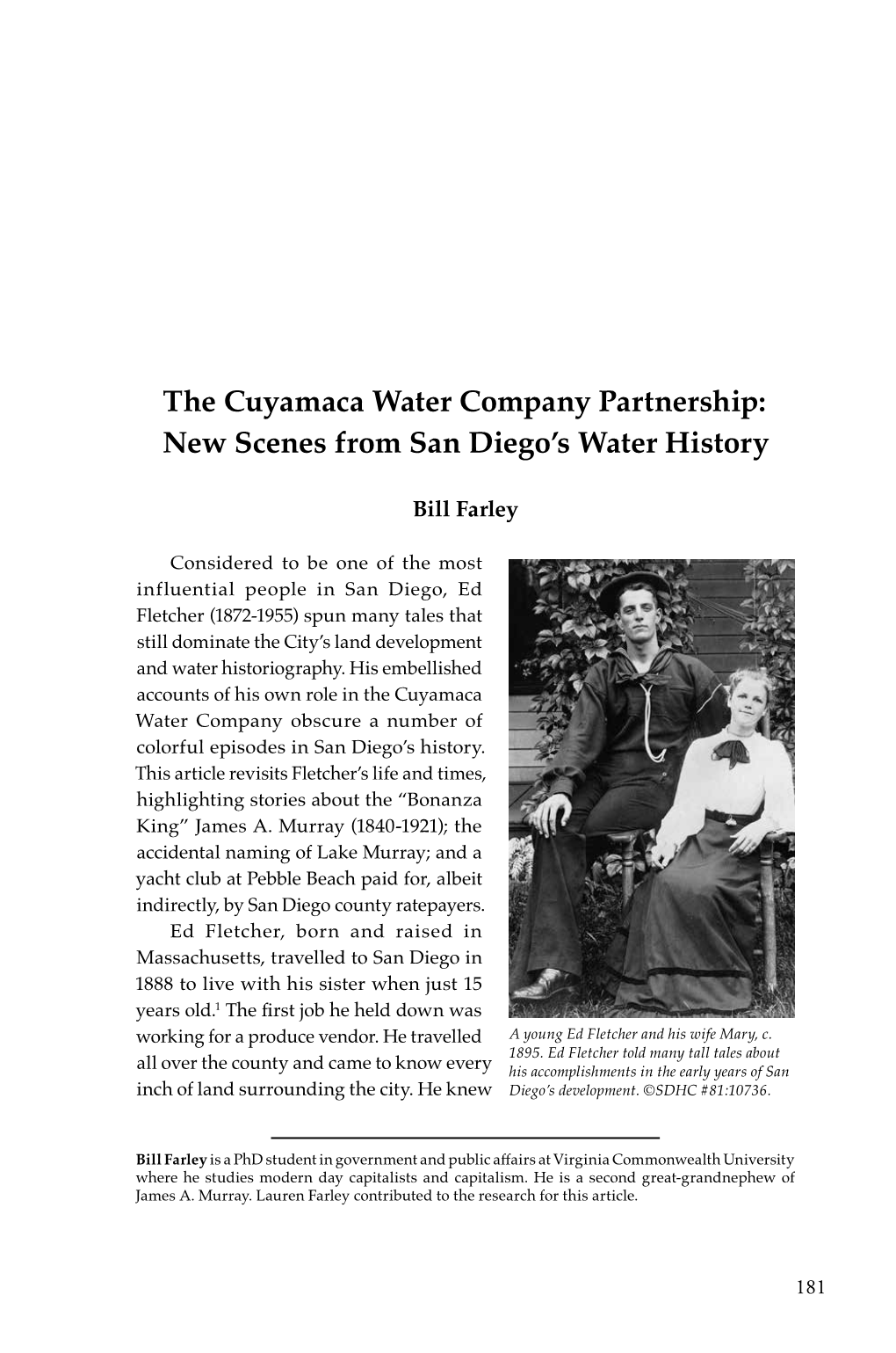 The Cuyamaca Water Company Partnership: New Scenes from San Diego’S Water History